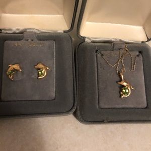 Gold dolphin necklace and earrings